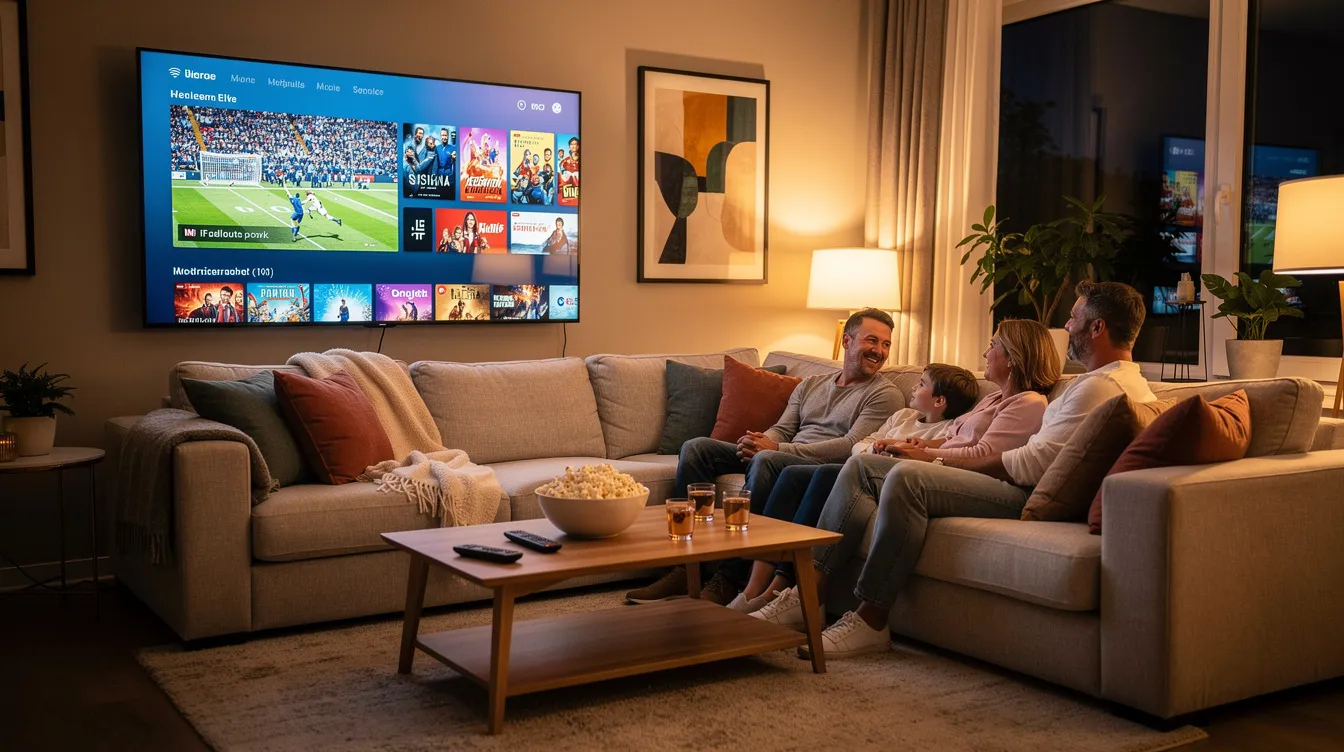 An American family is gathered in a comfortable modern living room, enjoying live TV, sports, and movies on a large smart TV, capturing a realistic lifestyle moment. The scene highlights the joy of streaming with premium channels and full access to international channels, creating an engaging viewing experience for the whole family.