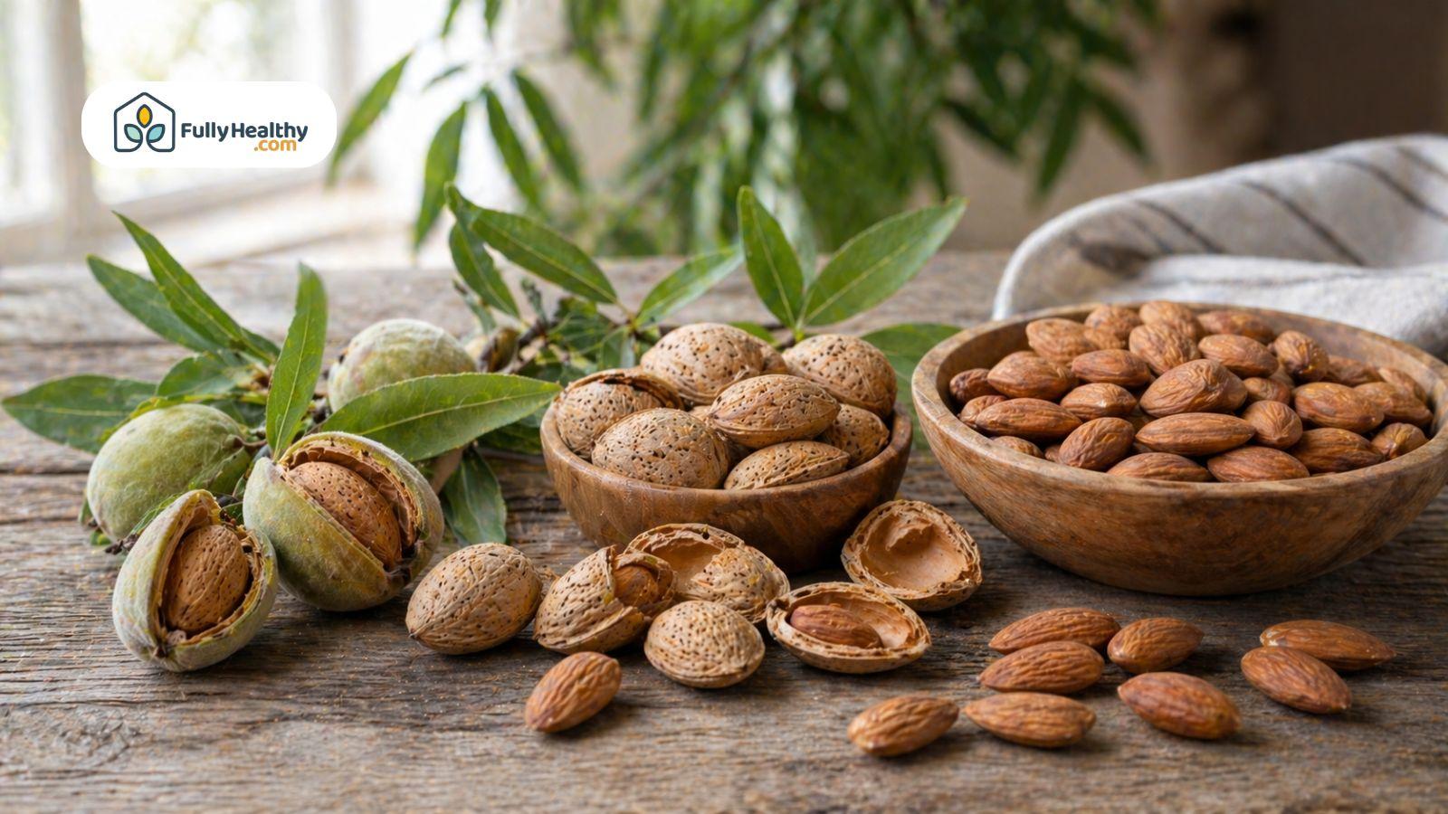 Whole almonds in shells and kernels arranged on rustic table