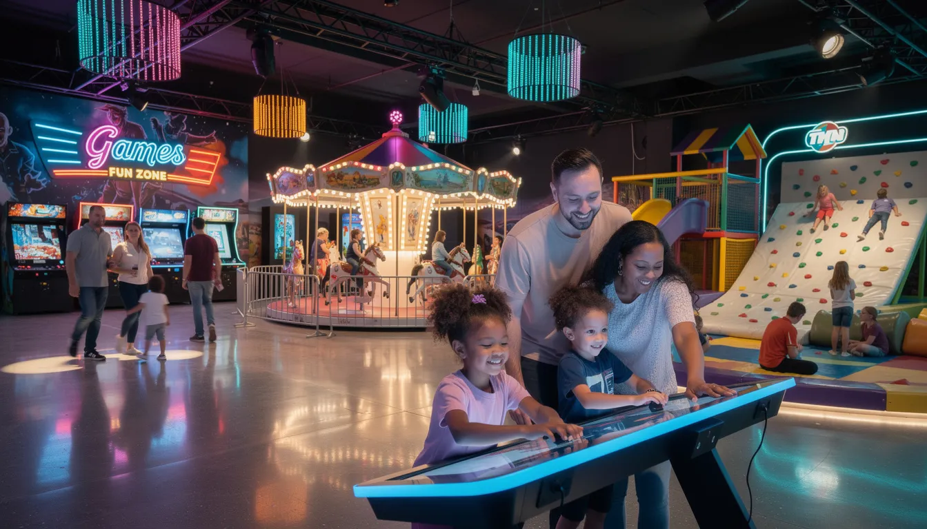 (AI Generated) Families enjoying a vibrant indoor entertainment center filled with colorful lighting and various attractions, such as bowling alleys and arcade games, creating memorable experiences for guests of all ages. Children and parents engage in fun activities together, showcasing the excitement and community spirit typical of a family fun center.