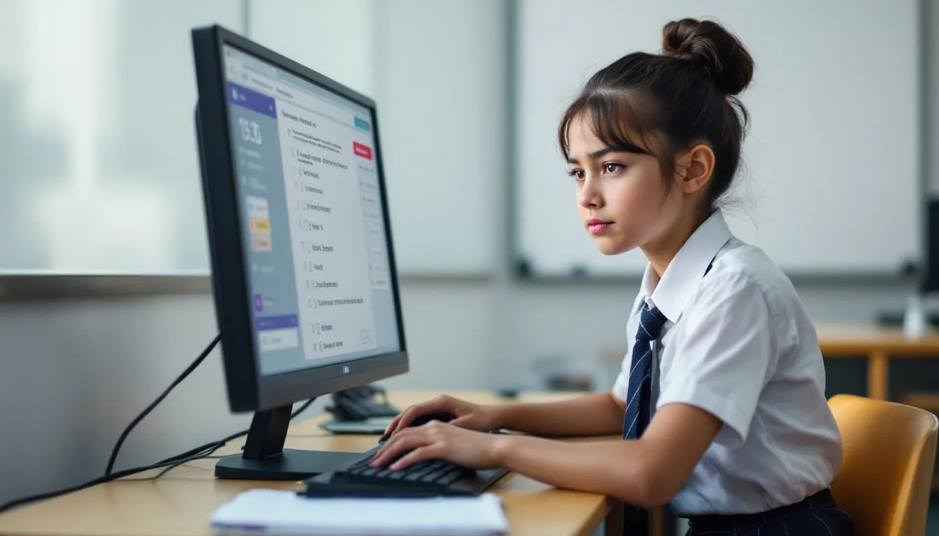 Una estudiante se encuentra frente a una computadora realizando una prueba de nivel de inglés, donde responde preguntas sobre gramática, vocabulario y comprensión auditiva. En la pantalla se pueden ver diferentes secciones del test, que evalúan sus habilidades en el idioma.