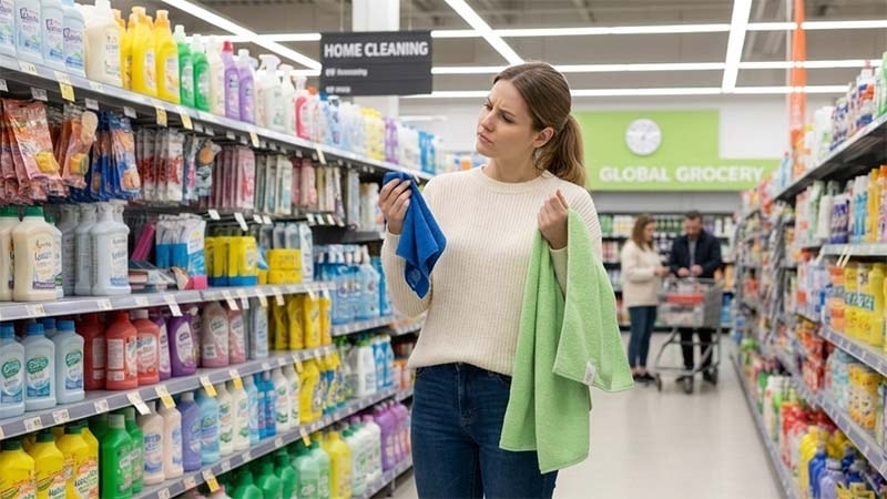 A woman is trying to choose between two microfiber towel options