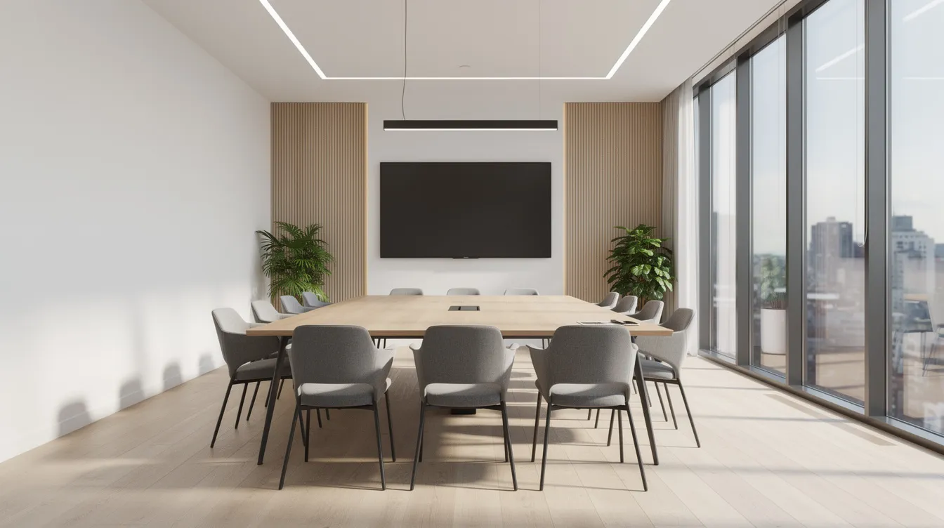 Nowoczesna sala konferencyjna z dużymi oknami, która wypełnia przestrzeń naturalnym światłem, oferuje komfortowe wnętrza idealne do organizacji spotkań biznesowych. To wyjątkowe miejsce w górach, które łączy efektywną pracę z relaksem w górskiej scenerii.