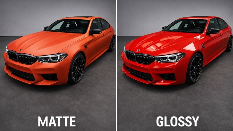 Sidy by side comparison in matte PPF wrapped car and gloss PPF wrapped car