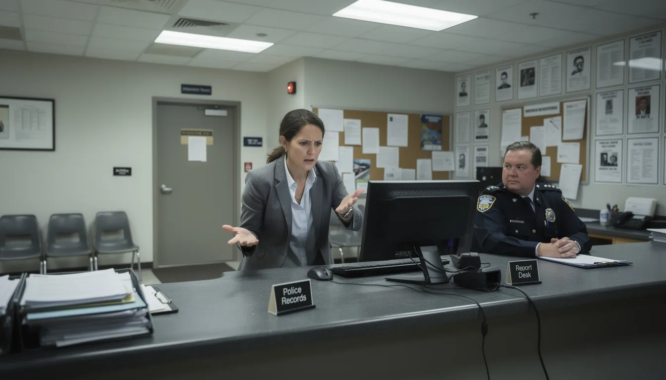 A frustrated woman stands at the police desk, attempting to drop charges related to a criminal case, expressing her concerns about insufficient evidence and the implications of the legal process. The atmosphere conveys tension as she navigates the complexities of the criminal justice system, seeking legal counsel to understand her options.