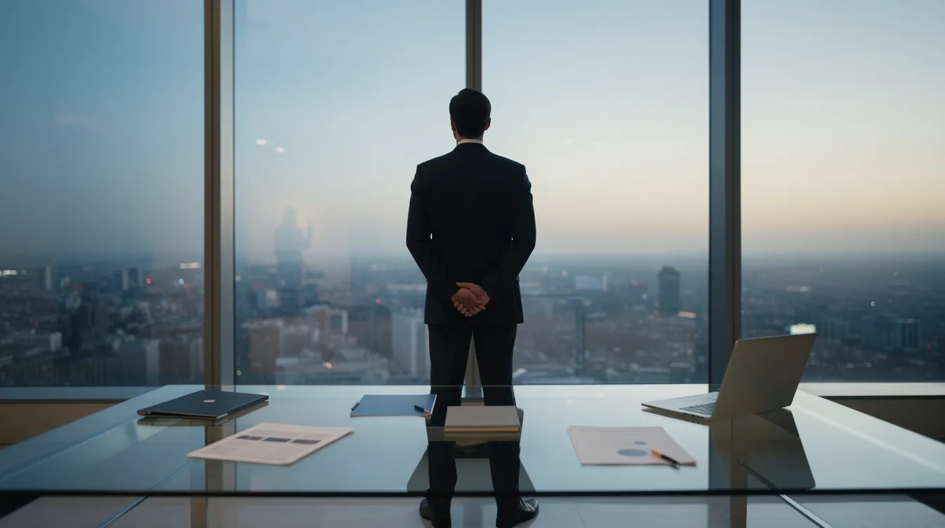 Un dirigeant se tient debout devant une grande baie vitrée dans un bureau moderne, regardant au loin avec une expression de réflexion, symbolisant la difficulté à prendre des décisions importantes dans un environnement professionnel. Cette image évoque des thèmes de leadership et de prise de décision, soulignant les défis et les enjeux auxquels il fait face.