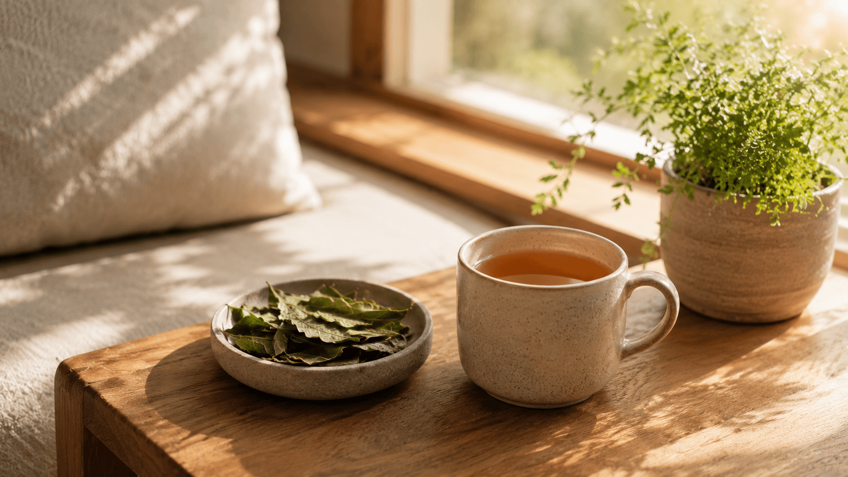 A serene home wellness corner featuring a ceramic mug of amber soursop tea for relaxation on a wooden table alongside a stone dish of dried leaves near a sunlit window.