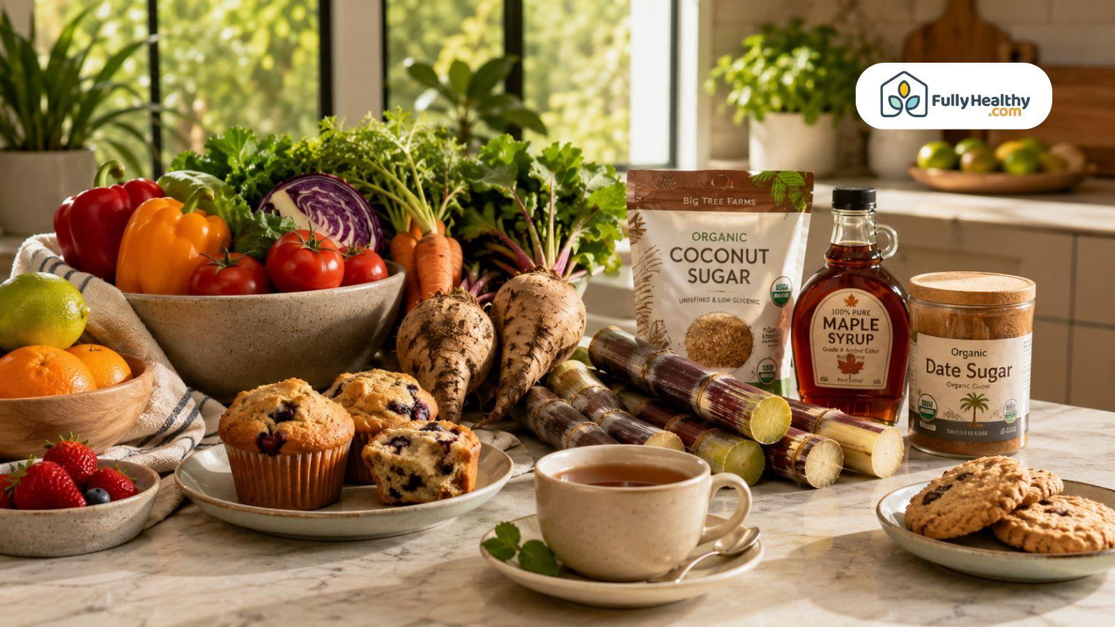 Natural sweetener ingredients with coconut sugar maple syrup and date sugar display