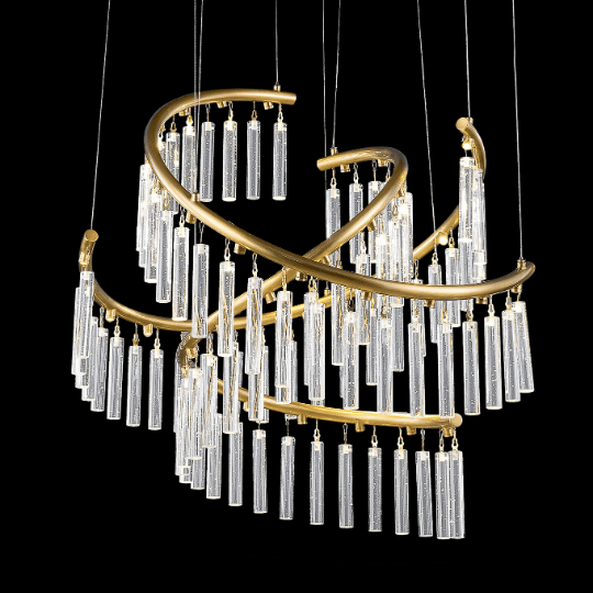 A contemporary chandelier design featuring intertwining gold metal curves adorned with cascading crystal rods, creating a luxurious and artistic lighting centerpiece against a black background.