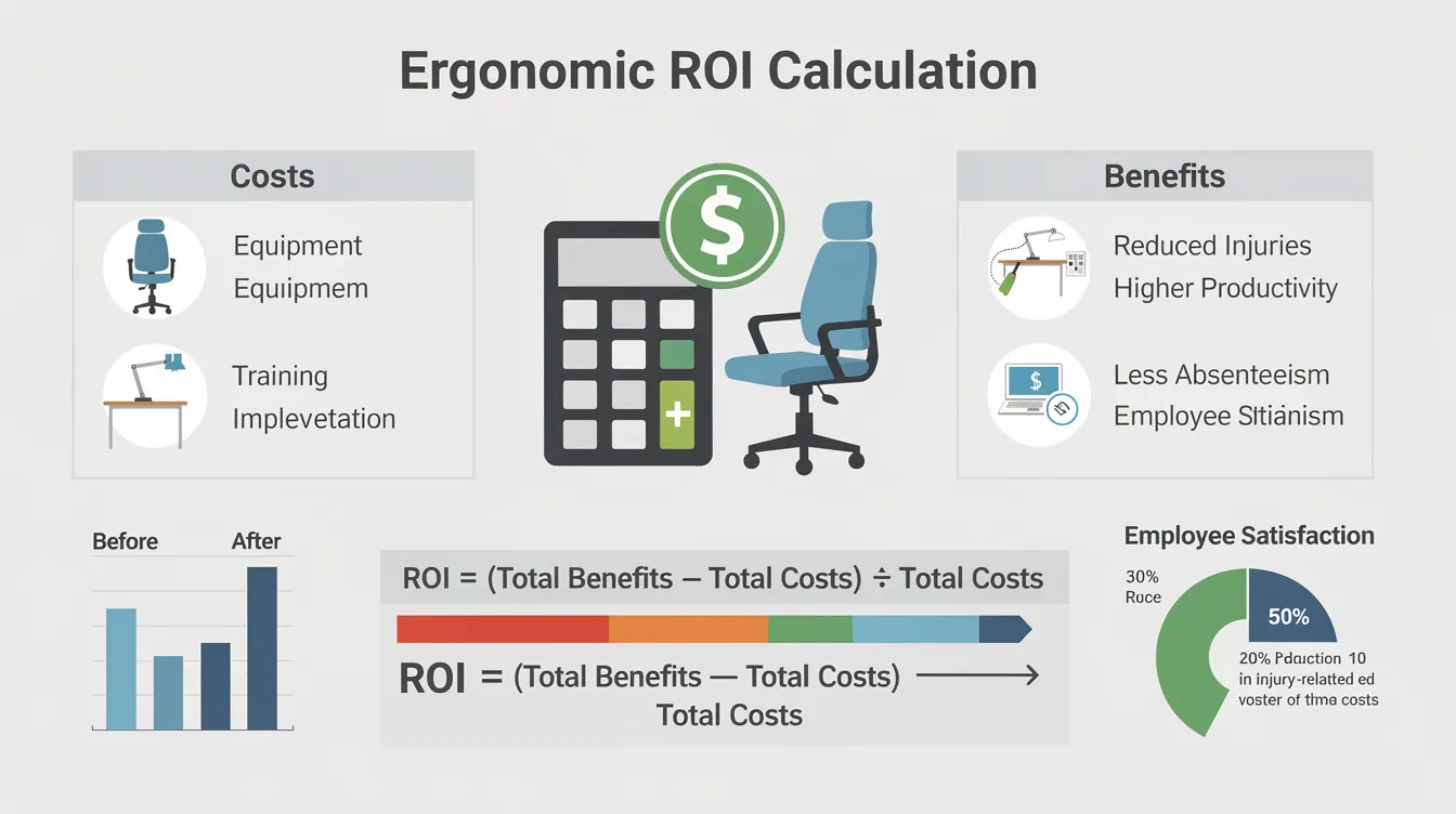 This infographic illustrates the concept of Ergonomic ROI Calculation, highlighting key elements such as the benefit cost ratio, initial investment, and estimated benefits from ergonomic interventions. It emphasizes the importance of productivity improvements, injury savings, and the overall cost justification for implementing ergonomic programs in the workplace.