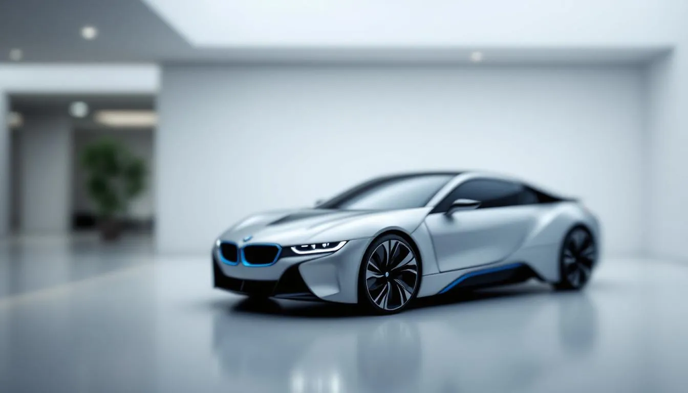 A blurred image of a BMW i4 at a dealership.