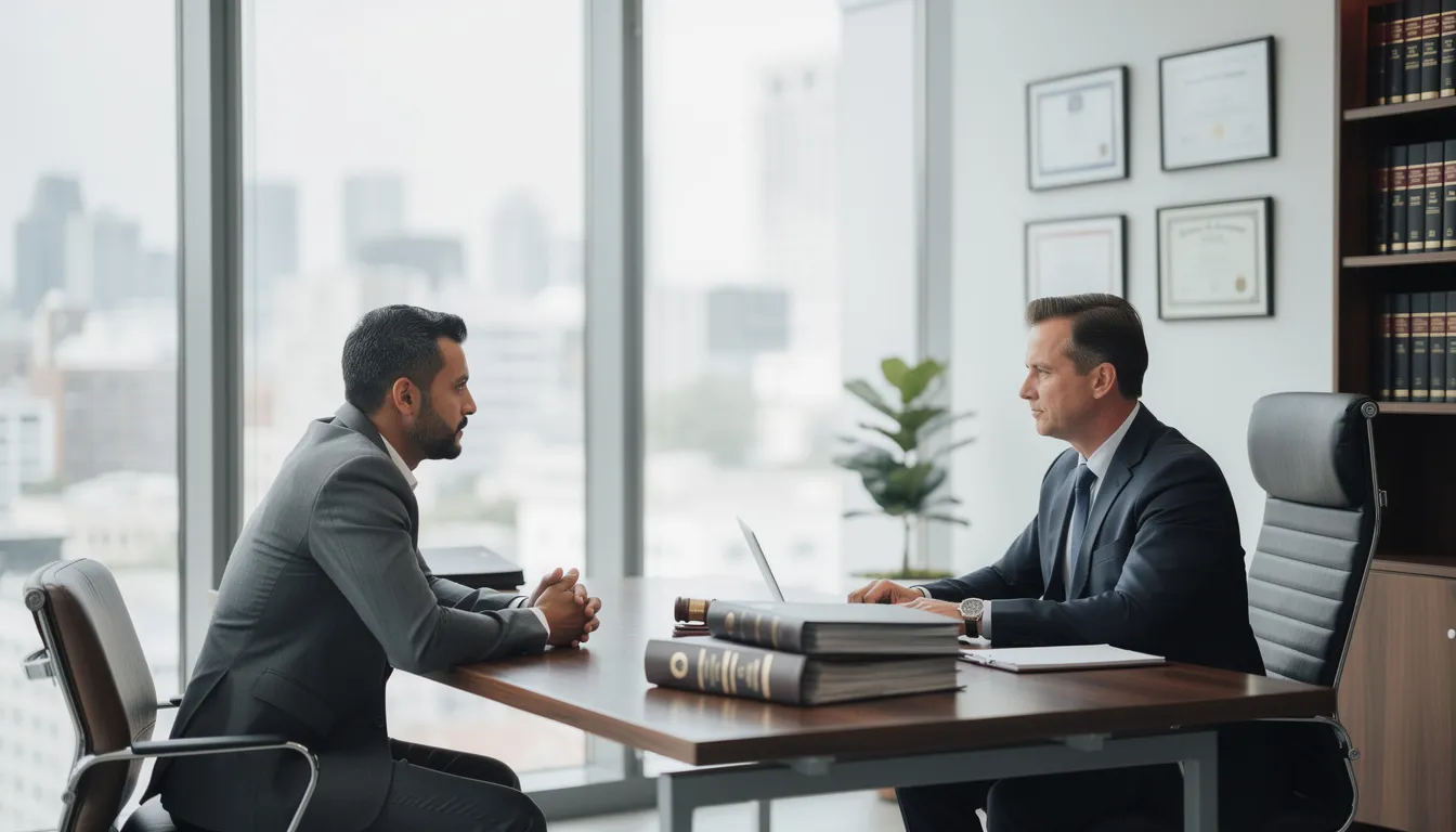 Une consultation professionnelle se déroule dans un cabinet moderne, où un avocat discute avec un client des démarches pour créer une société à Dubaï. L'environnement est professionnel, avec des documents et des équipements liés aux entreprises aux Émirats arabes unis.