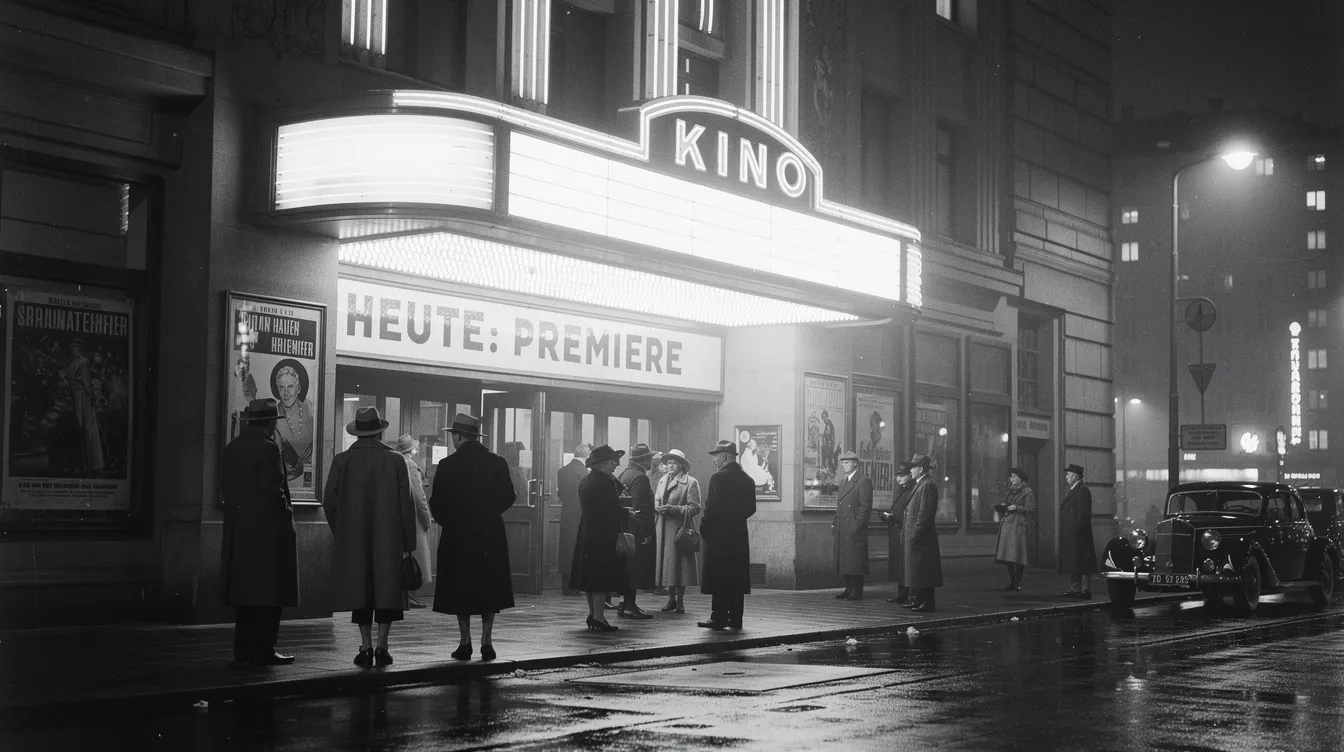 Das historische Schwarz-Weiß-Foto zeigt ein altes Kino mit einer großen Leuchtreklame, vor dem Menschen in typischer Kleidung der 1940er Jahre stehen. Diese Szene spiegelt die Filmgeschichte und das Kinoleben jener Zeit wider, als Filme wie "Citizen Kane" und "Ben Hur" die besten Filme aller Zeiten prägten.