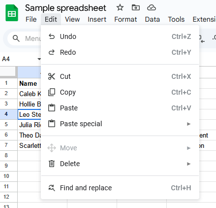 A screenshot of Google Sheets with the Edit menu open.