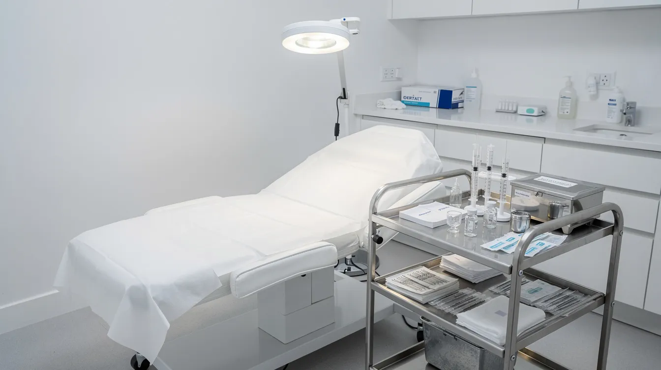 The image depicts a medical aesthetic treatment room equipped with sterile supplies and an injectable treatment setup, designed for non-surgical butt enhancement procedures. This space is prepared for treatments like the non-surgical BBL, which utilizes injectable dermal fillers to stimulate collagen production and add volume to the buttocks, offering a subtle enhancement with minimal downtime.
