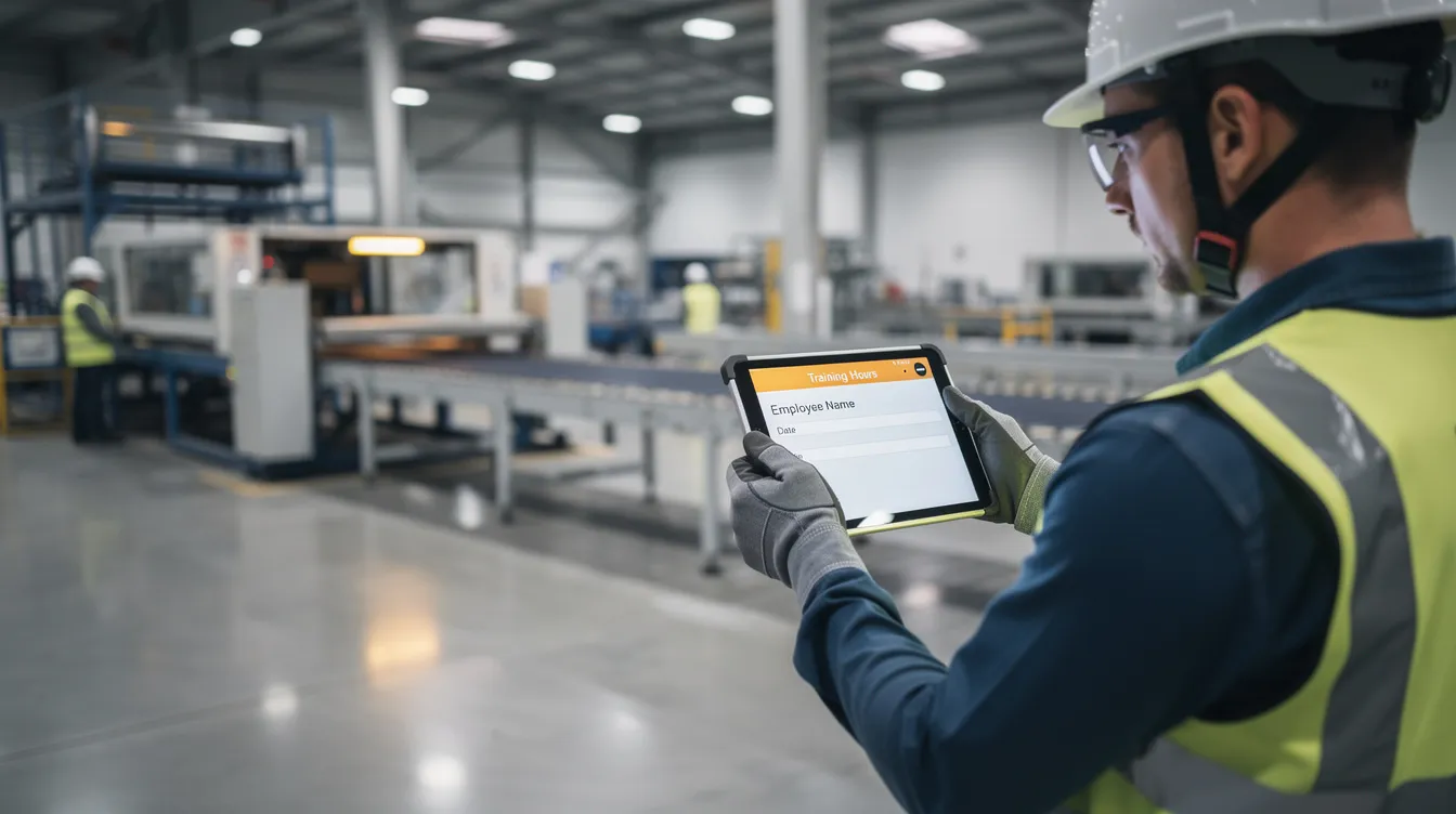 An apprentice using a tablet device on a manufacturing floor to log their training hours with apprenticeship automation software.