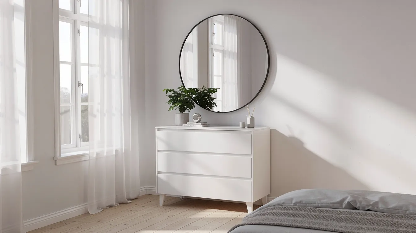 Ett ljust sovrum med en vit byrå och en rund spegel placerad ovanför. Dagsljus strömmar in genom fönstret och ger rummet en elegant och luftig känsla.