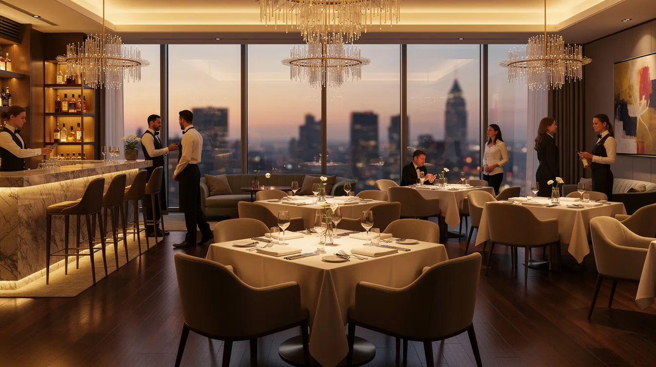The image depicts an elegant restaurant interior, featuring sophisticated decor, soft lighting, and neatly arranged tables, creating a refined dining atmosphere. This setting highlights the importance of effective financial operations, such as restaurant accounting services and cash flow management, essential for maintaining the restaurant's financial health.