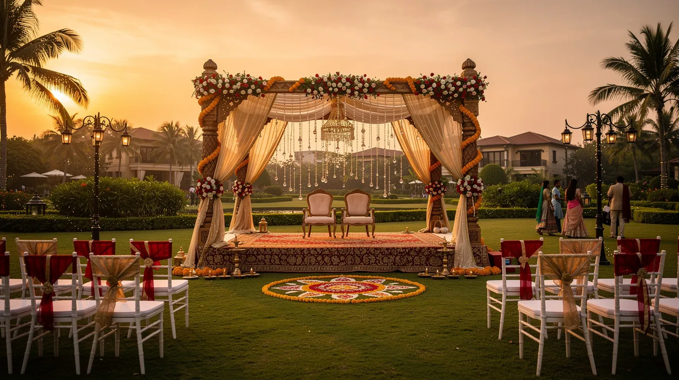 c282c6fd 50fa 4eaa 8579 9358066112c9 The image depicts a beautifully decorated mandap set up for an outdoor Indian wedding on a resort lawn, bathed in the warm hues of sunset. This picturesque scene highlights the resort's commitment to guest satisfaction and operational efficiency, essential components of the hospitality industry.