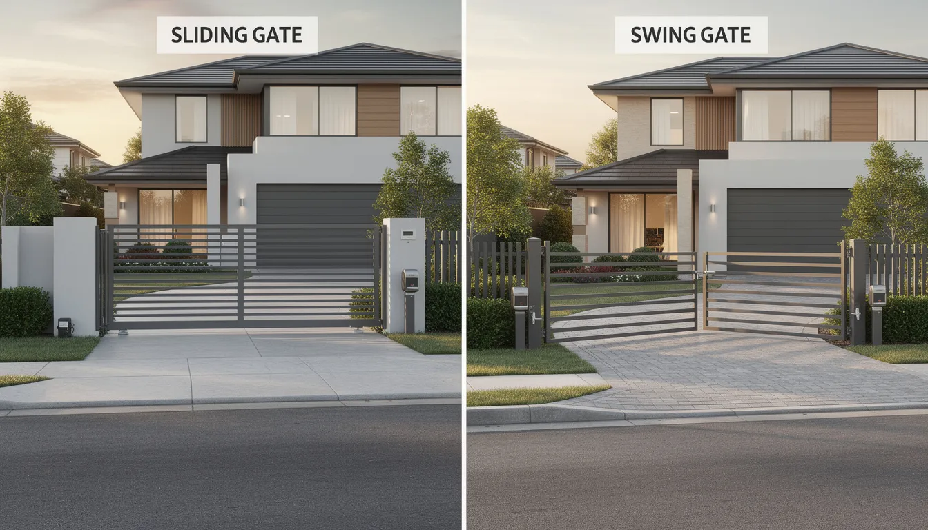 The image shows a side-by-side comparison of sliding and swing automatic gates installed on suburban properties, highlighting their different styles and functionalities. Both types of gates serve as efficient security solutions for residential and commercial properties, showcasing the versatility and convenience of gate automation.
