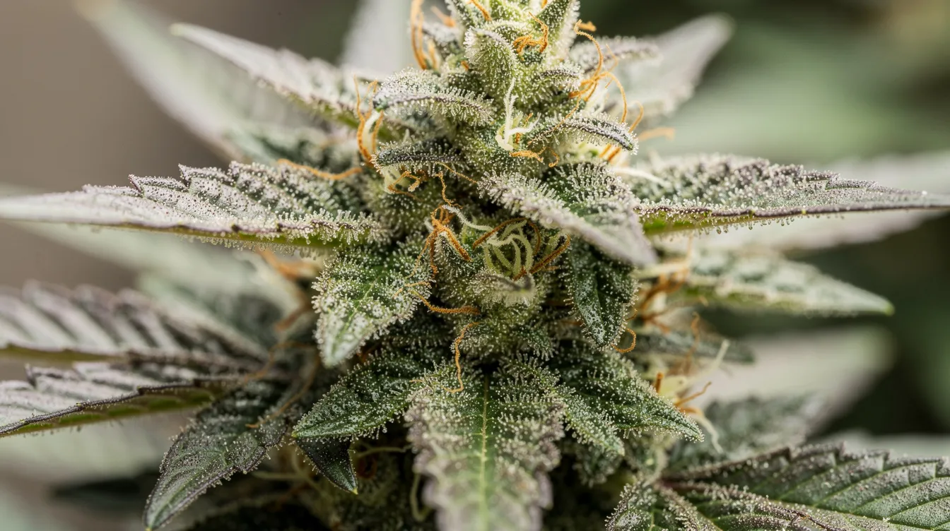 A close-up view of fresh cannabis flowers reveals their vibrant green hues and a sparkling layer of trichome crystals, which contain various terpenes found in cannabis. These aromatic compounds contribute to the plant's distinctive aromas and potential therapeutic properties, enhancing the experience of different cannabis strains.