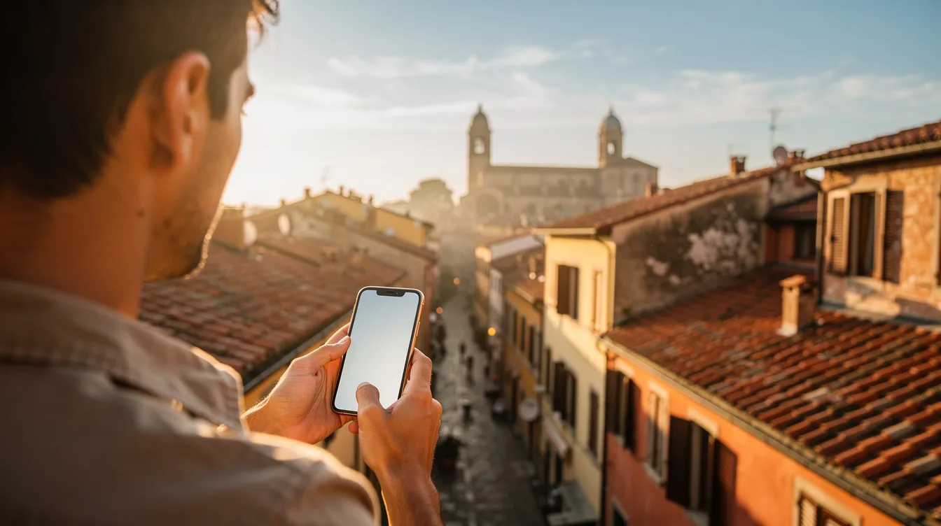 A person is holding a smartphone in front of picturesque Italian rooftops and terracotta buildings, showcasing the charm of Italy's architecture. The scene captures the essence of urban life in a city, inviting thoughts of international calls and connections with friends.
