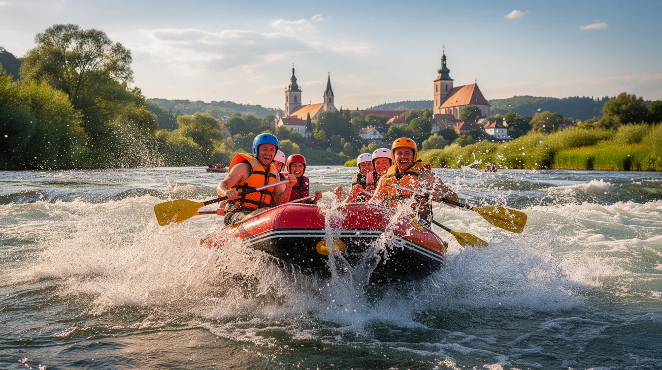 Imagem de um grupo de pessoas se divertindo em um rafting no rio Vístula, em Cracóvia, cercado por belas paisagens e edifícios históricos. Ao fundo, é possível ver o castelo de Wawel, um importante ponto turístico da cidade, que combina aventura e cultura na Polônia.