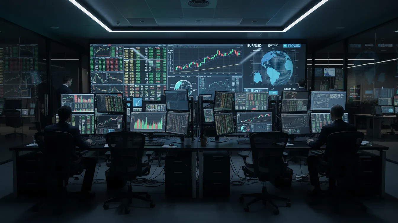 The image depicts a modern trading floor illuminated by multiple glowing screens that showcase intricate financial charts and data streams in a dimly lit environment. This setting reflects the advanced integration of artificial intelligence within the financial services industry, highlighting the role of AI systems and machine learning techniques in driving economic growth and enhancing risk management strategies.