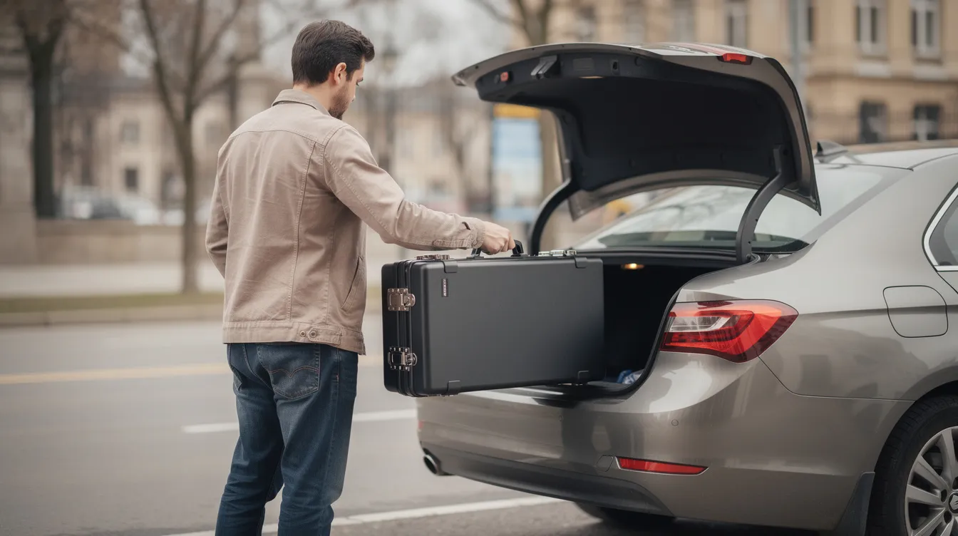A person is seen placing a locked case into the trunk of a vehicle, emphasizing the importance of securely transporting firearms in accordance with Virgin Islands firearm laws. This action reflects a commitment to protecting constitutional rights while ensuring compliance with regulations for law-abiding residents.