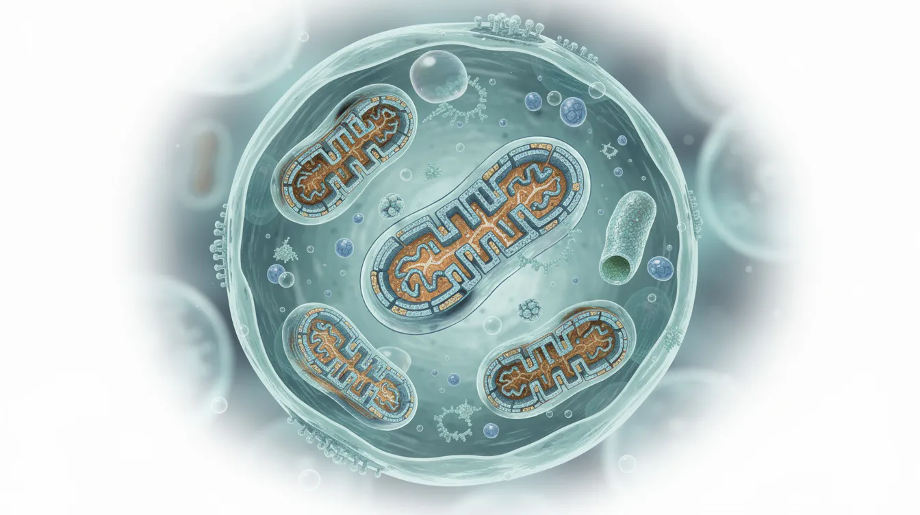 The image depicts mitochondria within a living cell, showcasing their intricate internal membrane structures that play a crucial role in energy production and DNA repair. These organelles are significant contributors to cellular function, and their proper operation is essential for combating aging and mitigating mitochondrial dysfunction.