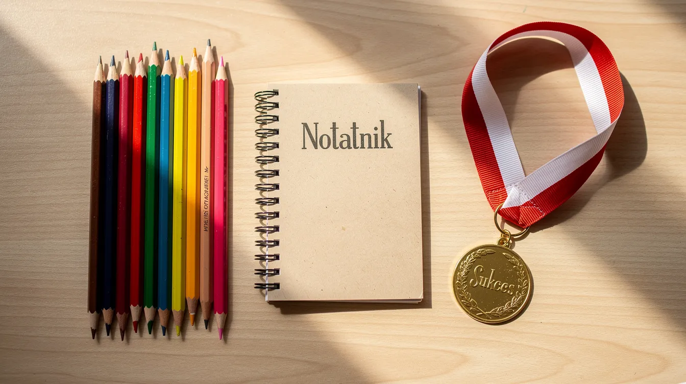 Na drewnianym biurku znajduje się kolorowy zestaw przyborów szkolnych, w tym kredki, notesiki oraz medal, co symbolizuje wyjątkowy dzień pasowania na ucznia klasy 1. Całość tworzy radosną atmosferę, idealną na uroczystość ślubowania uczniów klas pierwszych.