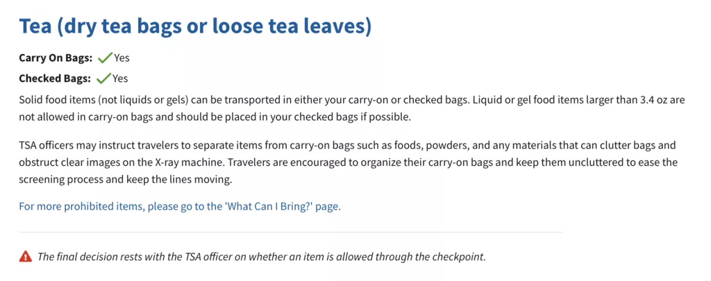 TSA rules on tea ags