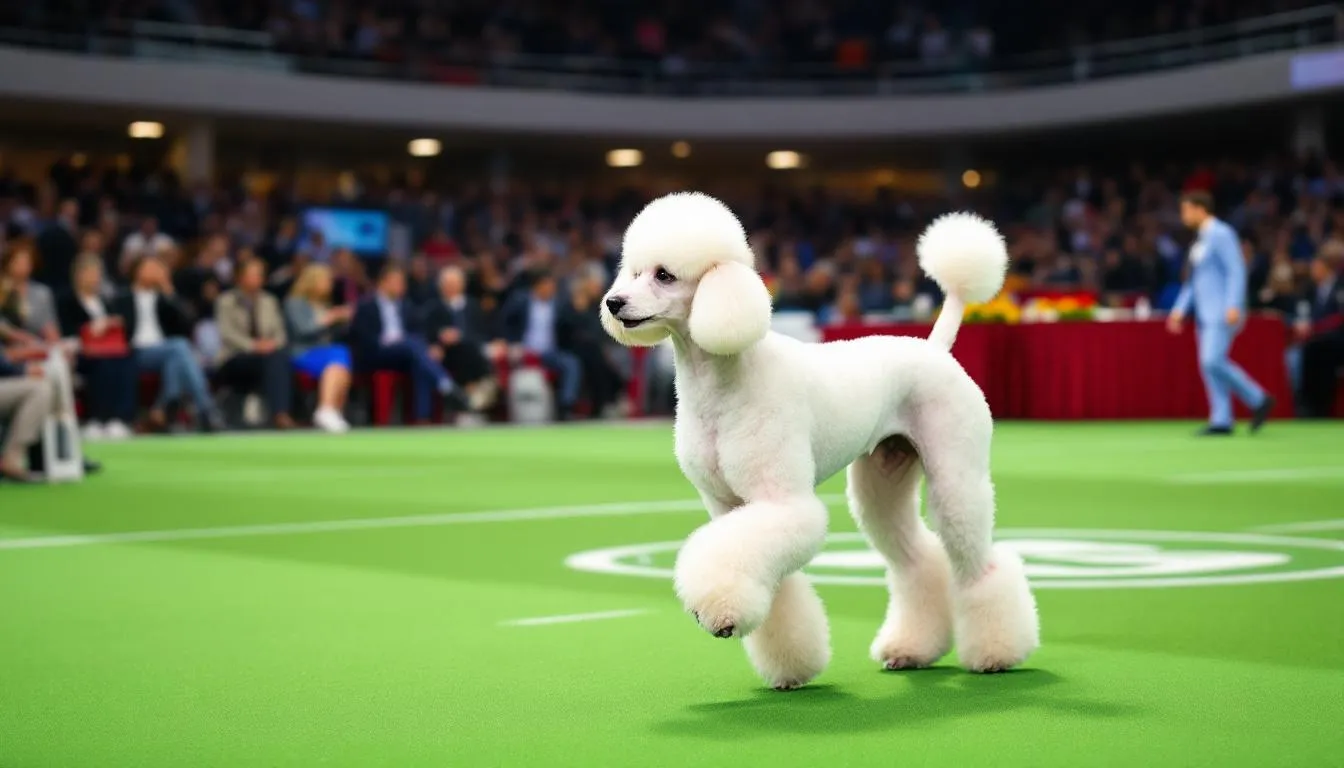 In the image, a properly proportioned standard poodle is gracefully demonstrating its movement and gait in a show ring, showcasing its distinctive harsh curly coat and dark amber eyes. The poodle