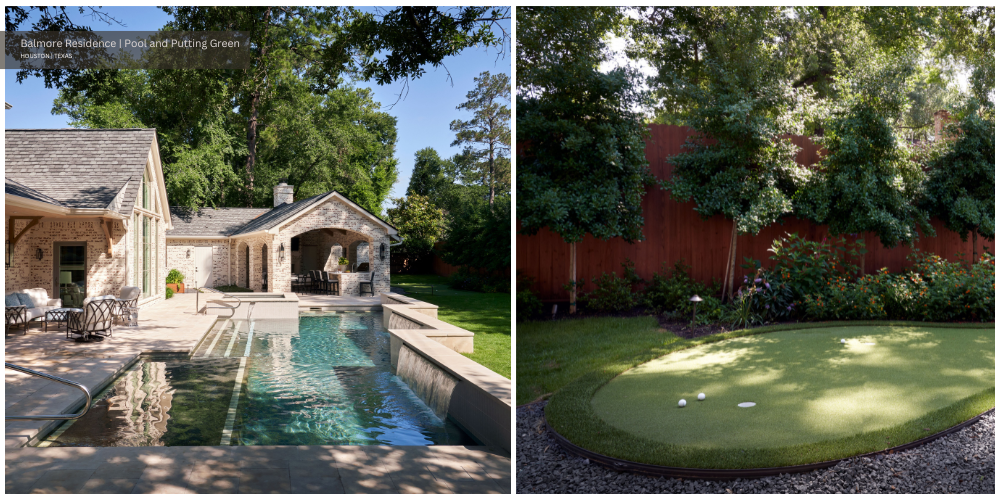 a putting green, pool, and loggia outdoors