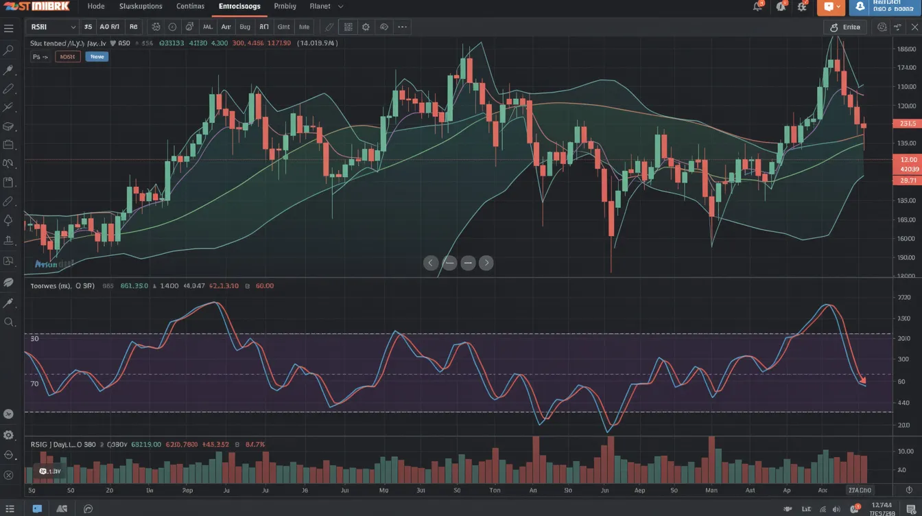 The image depicts a financial trading chart illustrating a volatile stock price movement, with the Relative Strength Index (RSI) indicator fluctuating between extreme values, highlighting potential overbought and oversold conditions. This chart serves as a tool for traders to identify market price trends and develop trading strategies based on RSI signals for intraday trading and swing trading.