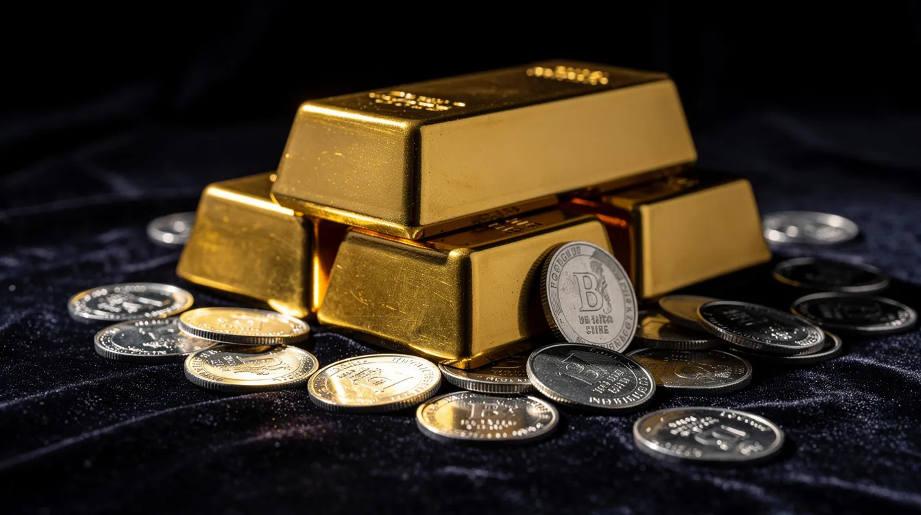 Gold bars and silver coins arranged on a dark velvet surface