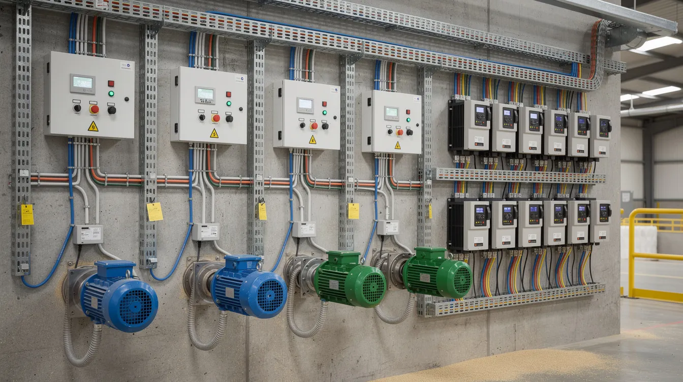 c28e8f05 81c1 4bc8 9d28 16b52df82318 The image depicts electric motors, control panels, and variable frequency drives (VFD) mounted on a factory wall within an industrial grain processing facility, specifically designed for a dal mill plant. This setup showcases the machinery essential for processing various pulses, such as chana dal and moong dal, highlighting the plant's production capacity and focus on efficient electricity connection for optimal operation.