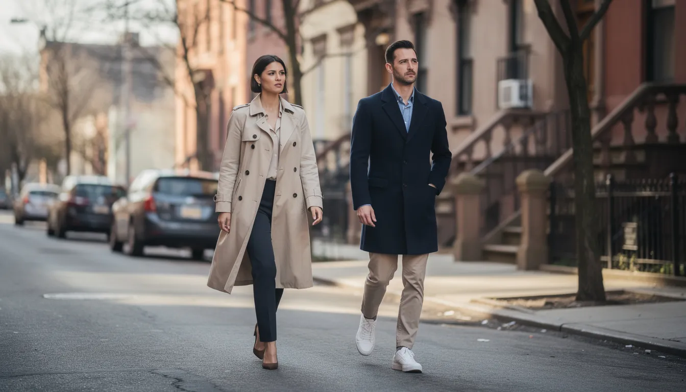 A professional Brooklyn couple walks slightly apart on an urban residential street, both wearing thoughtful expressions that reflect the complexities of married life. This candid moment captures the essence of their relationship as they navigate different stages of marriage, highlighting the importance of communication and strong emotional connection in their journey together.