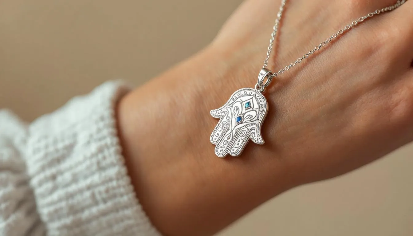 The image showcases a variety of hamsa hand necklaces, including silver and gold options, each designed to reflect beauty and intention. These iconic talismans are believed to provide protection and good fortune to the wearer, making them perfect gifts for loved ones.