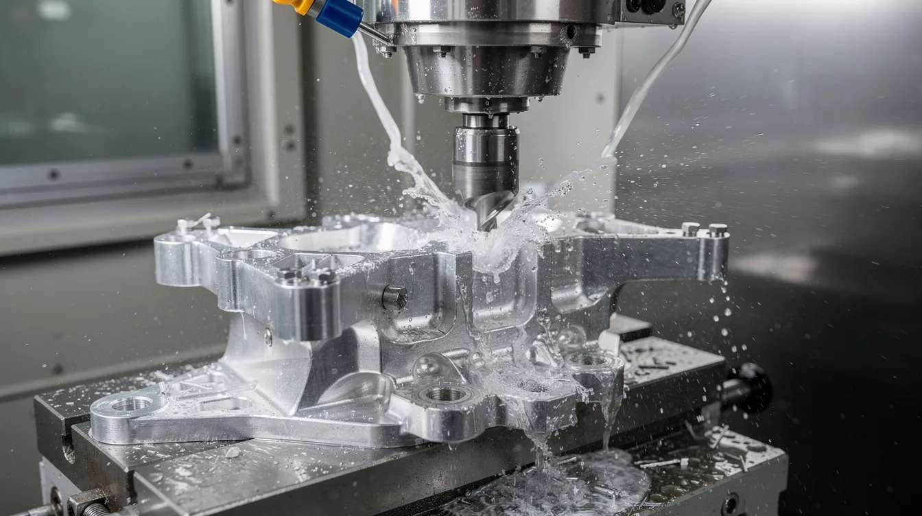 A close-up view of a 5-axis CNC milling machine is shown, actively cutting an aluminum aerospace bracket while coolant flows over the workpiece, showcasing the precision and expertise of the machining process. This image highlights the company's commitment to delivering high-quality fabrication services with tight tolerances in the aerospace industry.
