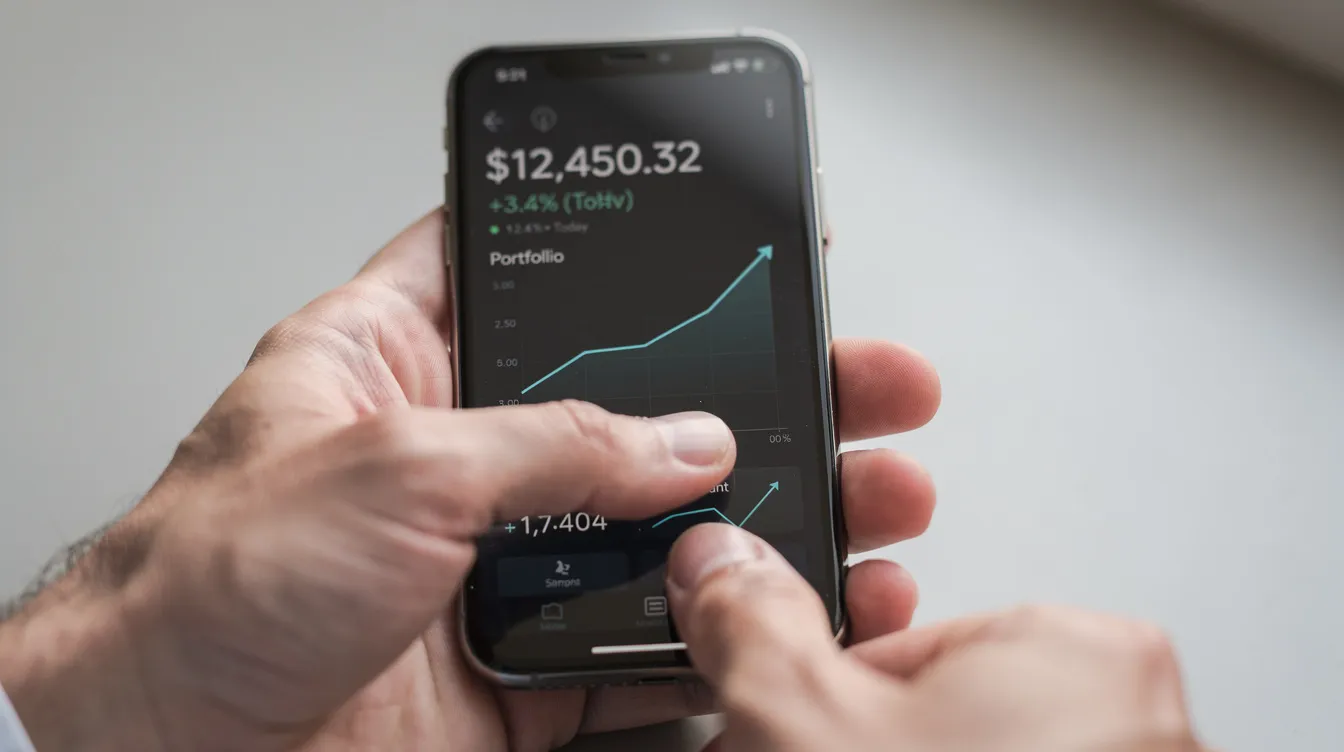 A close-up of a hand tapping a smartphone screen, showcasing a financial app that allows users to open a bank account online, including options for a Roshan digital account and foreign currency accounts. The app interface displays features related to digital banking solutions and account management for non-resident Pakistanis.