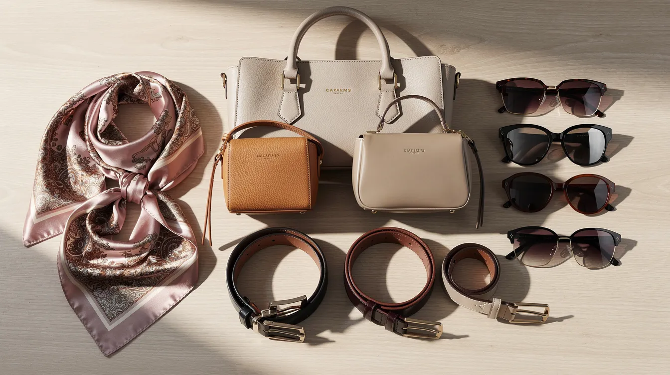 A collection of stylish handbags, sunglasses, scarves, and belts is artfully arranged on a light wooden table, showcasing a variety of colors and textures that enhance the overall user experience for shoppers. This visually appealing display helps users understand the latest fashion accessories available for purchase.