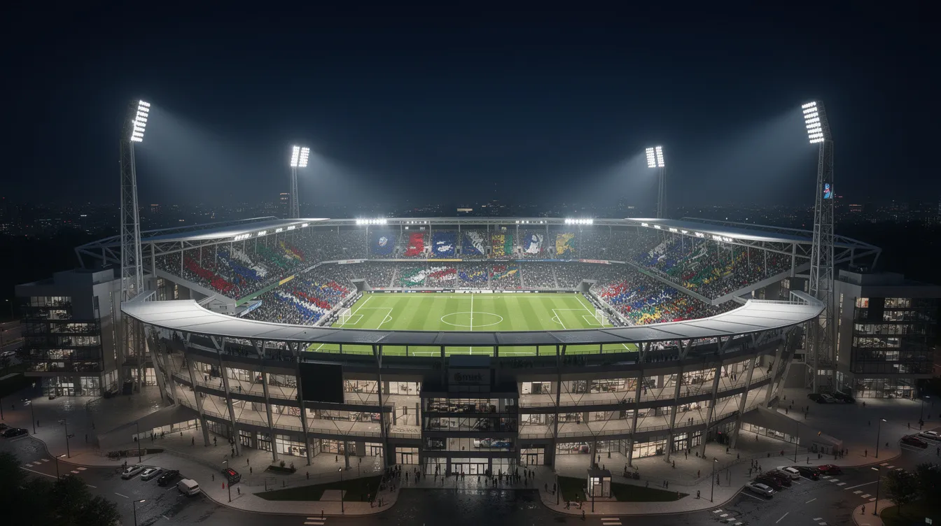 The image shows a vibrant modern sports stadium illuminated by floodlights, filled with enthusiastic spectators cheering at night. This lively scene captures the excitement of sports betting events, reminiscent of the atmosphere found at non gamstop betting sites where fans engage in various betting markets.
