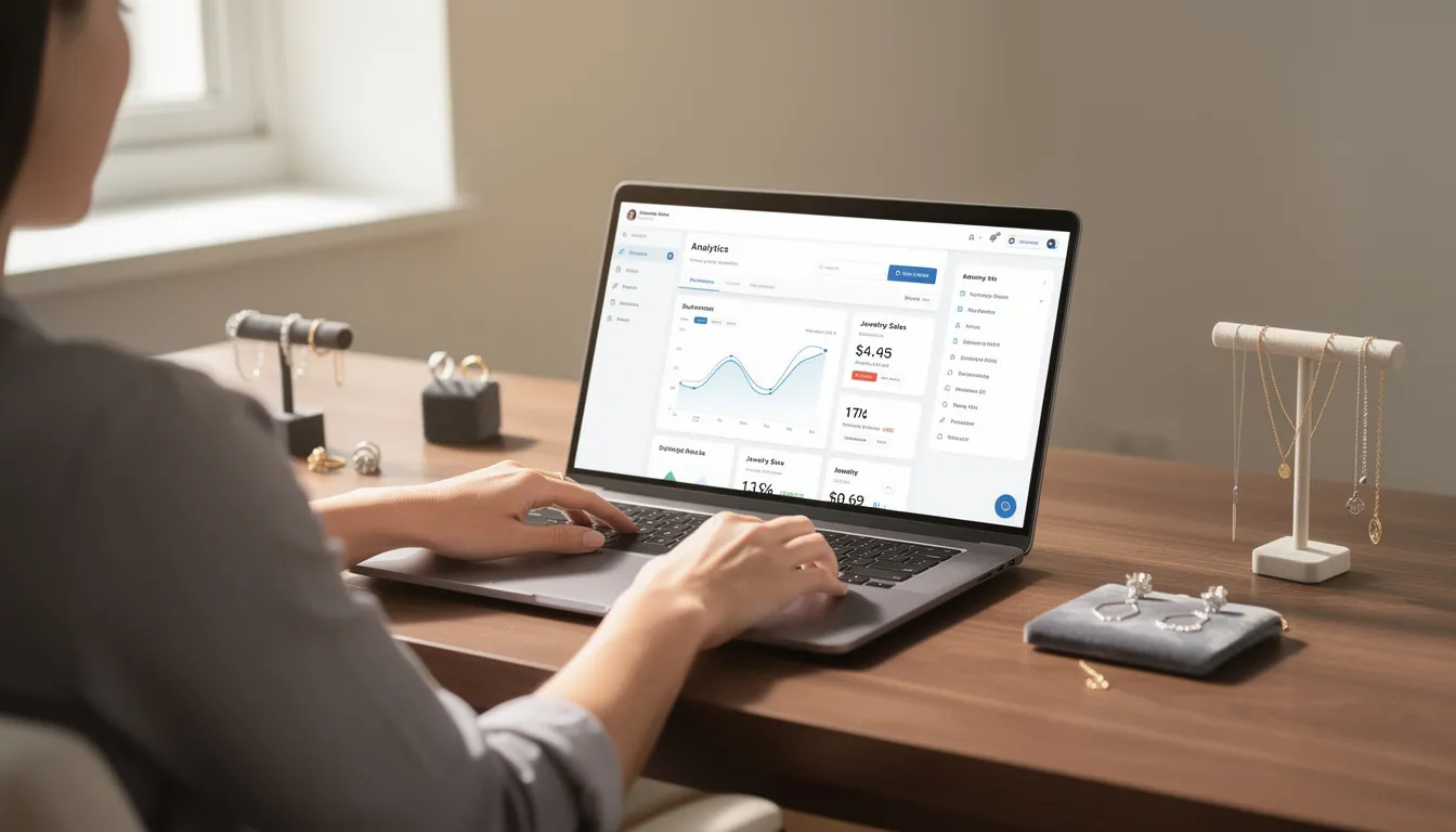 A person is focused on reviewing website analytics on a laptop, while various jewellery pieces are neatly displayed on the desk nearby. The scene highlights the blend of digital content marketing and tangible products, emphasizing the importance of content optimization for attracting organic traffic and improving search engine rankings.