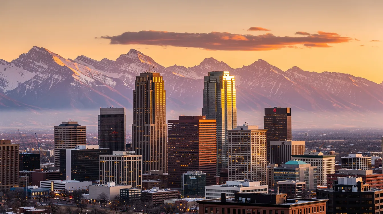 The image showcases the stunning Denver skyline at sunset, with the majestic Rocky Mountains visible in the background, creating a perfect backdrop for outdoor events and celebrations in the mile high city. The warm hues of the sunset reflect off the modern buildings, offering a picturesque view that is ideal for corporate gatherings and private events.