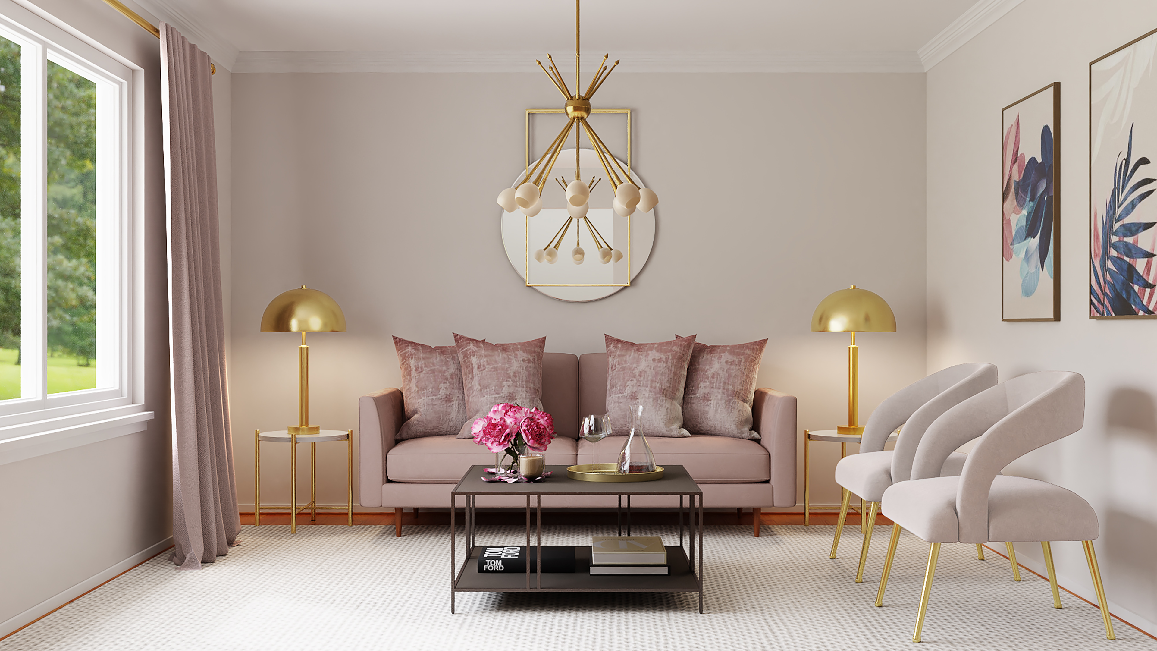 neutral mauve modern living room with gold accent lamps and lighting - image credit: https://unsplash.com/photos/2d1k_A-nrY8