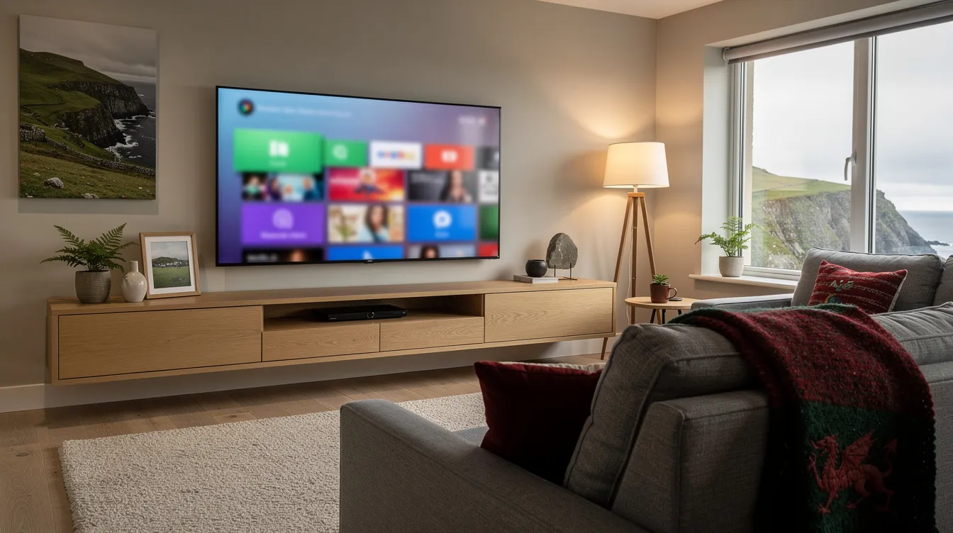 The image depicts a modern Welsh living room featuring a large Smart TV showcasing a generic IPTV streaming interface, complemented by subtle decor inspired by Wales. The wide horizontal composition captures the inviting atmosphere, ideal for enjoying live TV channels and on-demand content.