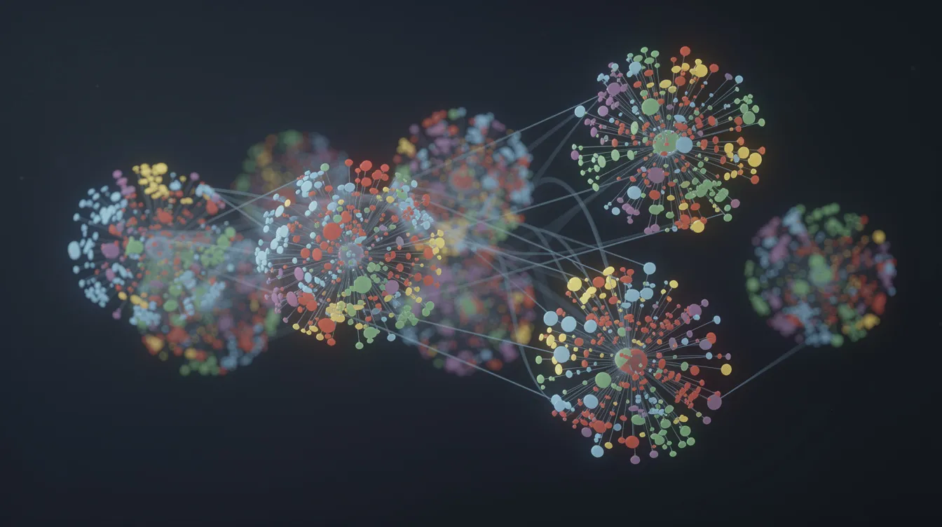 The image depicts colorful data points clustered in groups, suspended in an abstract three-dimensional space, representing high-dimensional vectors often used in vector databases for similarity search. These clusters illustrate the concept of vector embeddings, highlighting the relationships between similar vectors in a visually engaging manner.