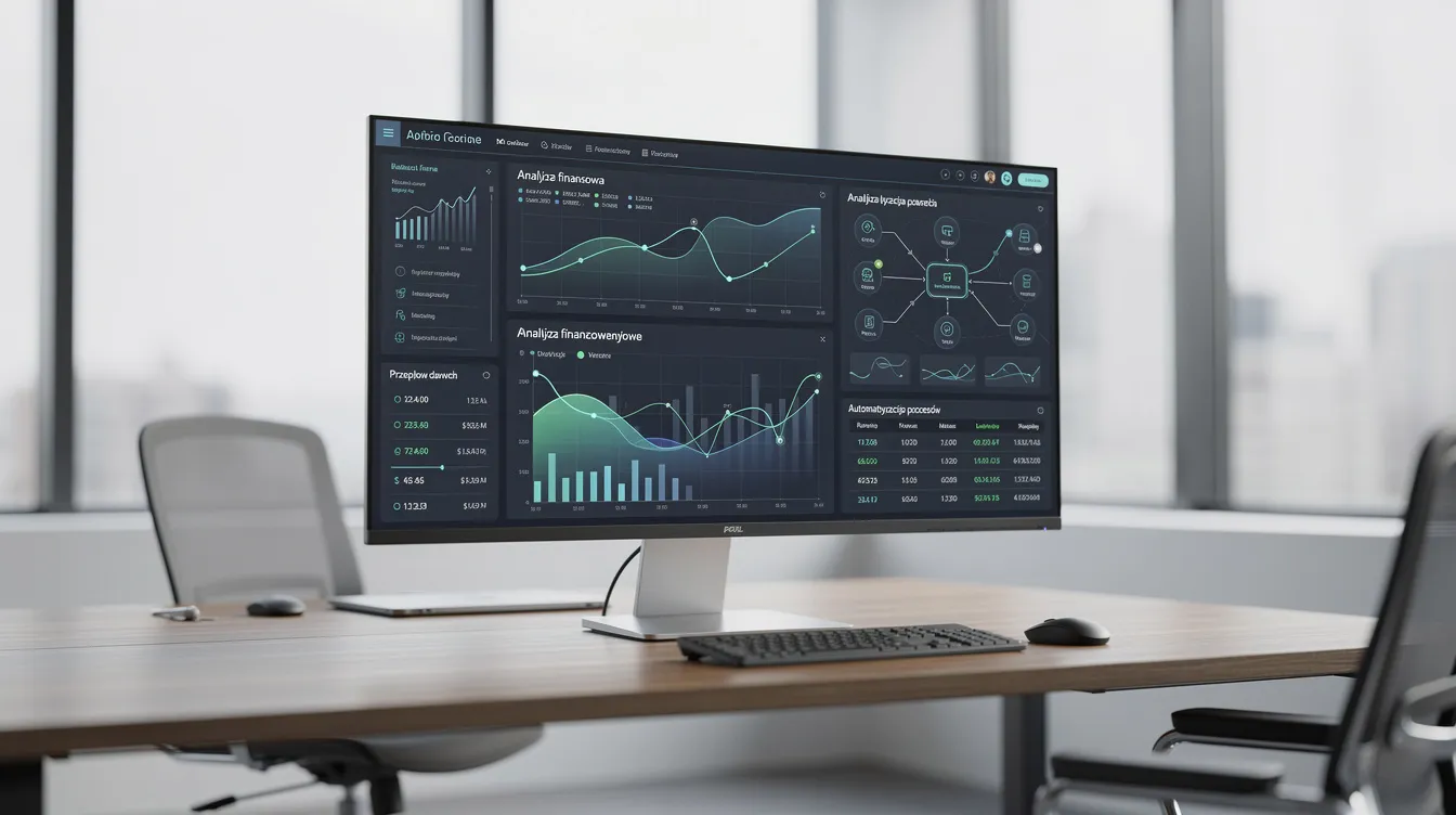Nowoczesne biuro z monitorem wyświetlającym przepływ danych finansowych, ilustrującym zastosowanie sztucznej inteligencji w automatyzacji procesów księgowych. Obrazek ukazuje, jak narzędzia oparte na AI mogą zwiększać efektywność w codziennej pracy działów finansowych, minimalizując ryzyko błędów i oszczędzając czas pracowników.