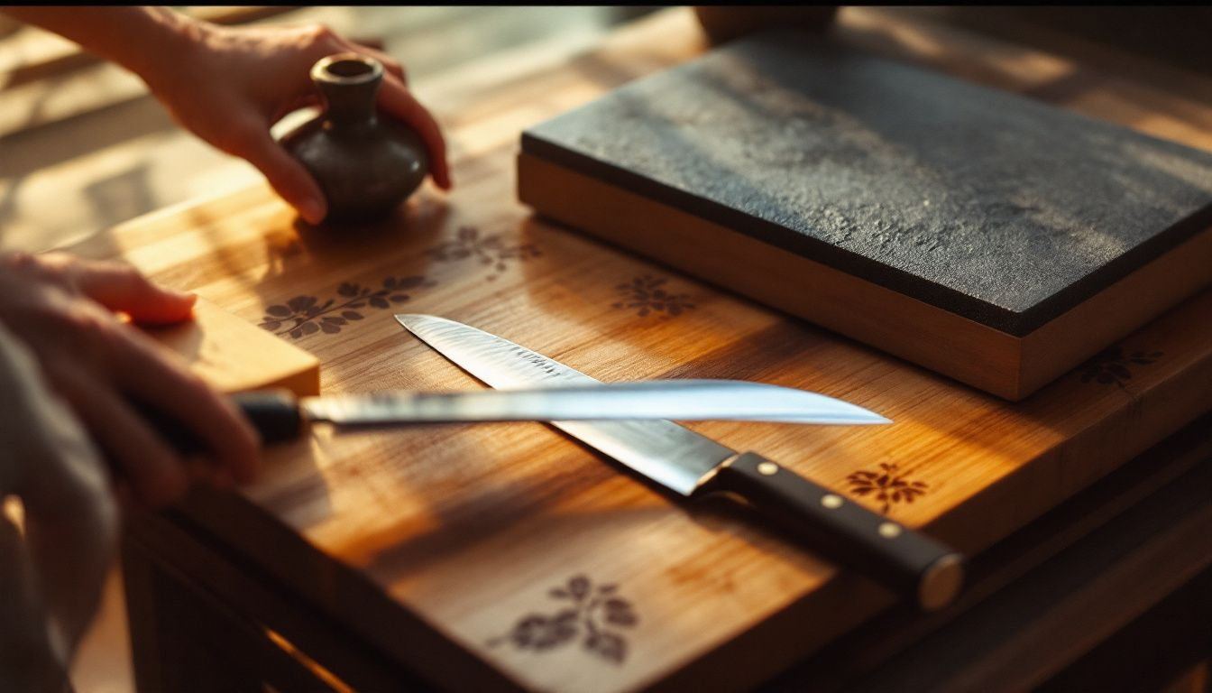 A collection of Japanese knives being cleaned and cared for properly.