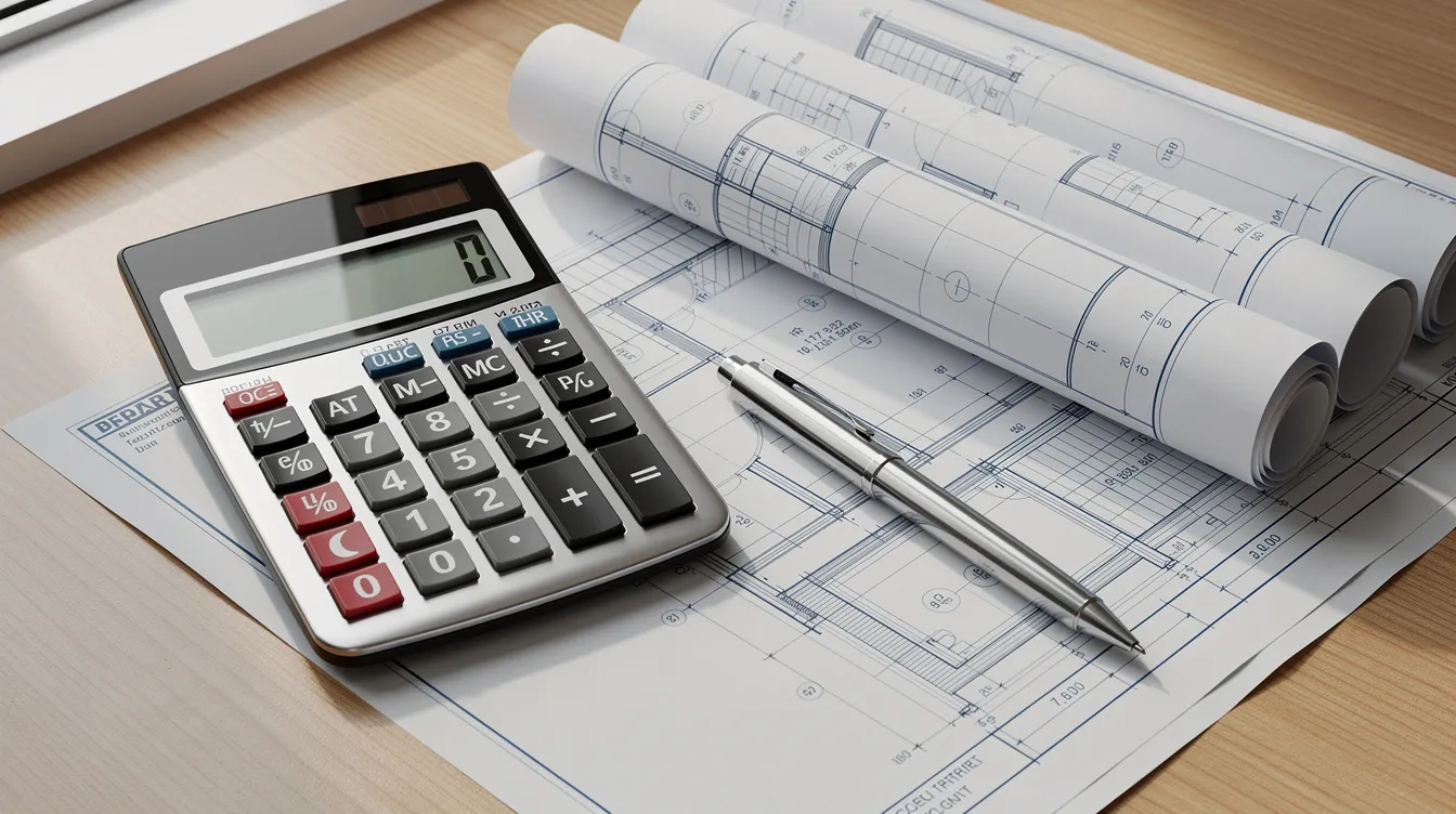 The image shows a calculator placed on a desk alongside architectural blueprints and a pen, suggesting a workspace focused on real estate planning or investment projects. This setup could be useful for real estate investors assessing costs related to hard money loans or traditional financing for properties.
